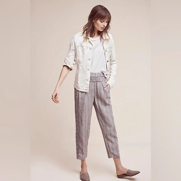 HEI HEI‎ by ANTHROPOLOGIE Striped Linen Joggers in Brown Motif - Picture 1 of 10